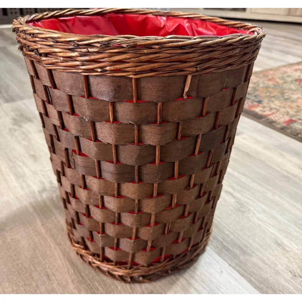 Vintage Woven Wicker Basket with Red Liner Brown Wood Wastebasket Planter